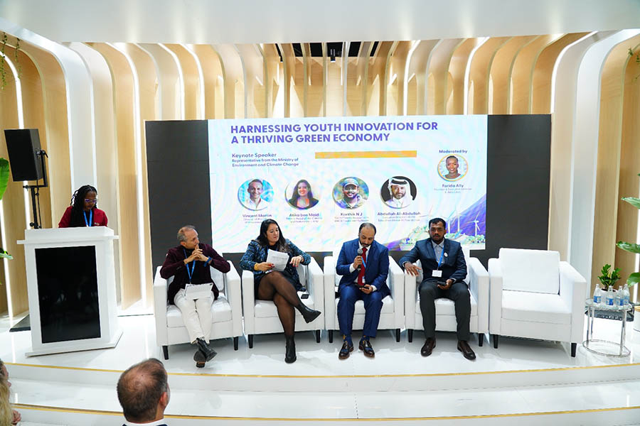 Panel discussion titled ‘Harnessing Youth Innovation for a Thriving Green Economy’. Panelists included Dr. Vincent Martin, Director of the Office of Innovation at the Food and Agriculture Organisation;Ms. Atika Ben Maid, Deputy Head of the Climate and Nature Unit at Agence Française de Développement; Abdullah Al-Abdullah, Executive Director of Reach Out To All (ROTA), a programme of Education Above All (EAA) Foundation, and Karthik N J, UNICEF India and YuhWaah youth climate leader.